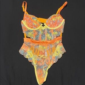 Orange and yellow floral lace bodysuit